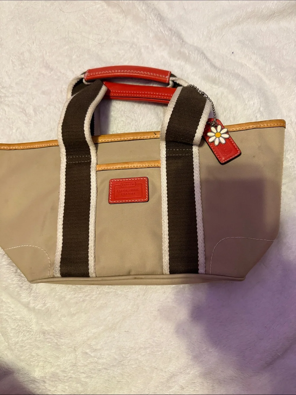 Coach Khaki Tote with Brown Straps and Red Accents
